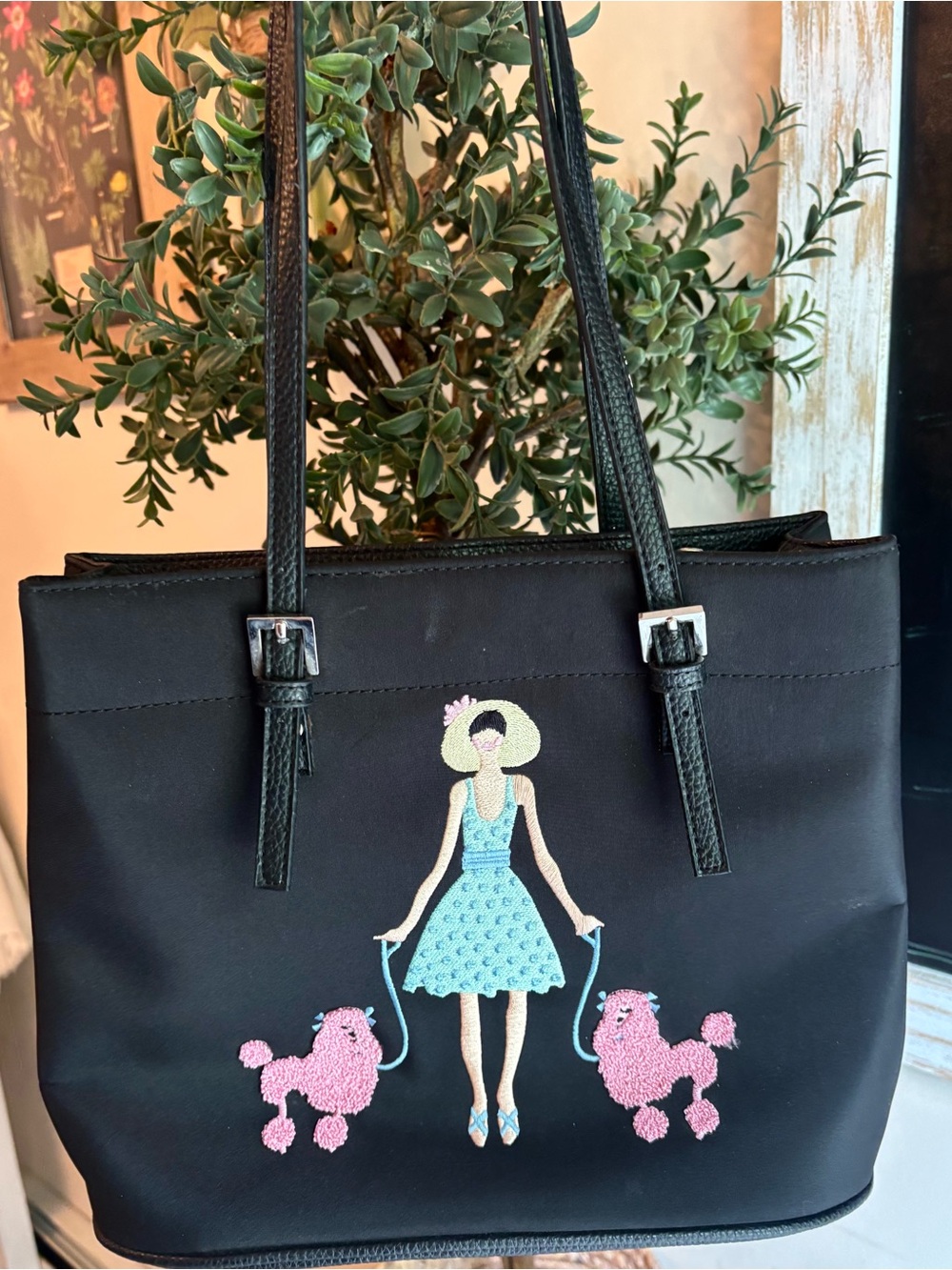 Sydney Love Black Tote Shoulder Bag Embroidered Woman Walking Pink Poodles